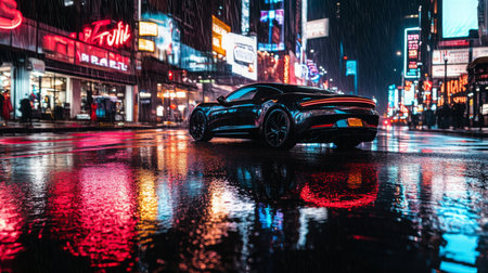 A black car drives through a rainy city street at nightの素材