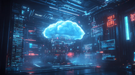 Futuristic digital landscape featuring a glowing cloud surrounded by vibrant neon displaysの素材