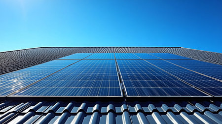 Solar panels installed on a buildings roof under clear blue skies during daylight, showcasing renewable energy technology in action. Generative AIの素材