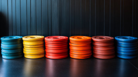 Colorful weight plates stacked in a gym setting, showcasing a variety of sizes for strength training and fitness activities. Generative AIの素材