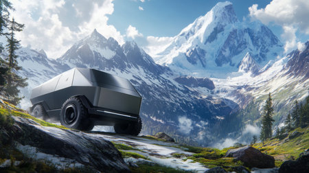 A truck drives on a rocky path in the mountainsの素材