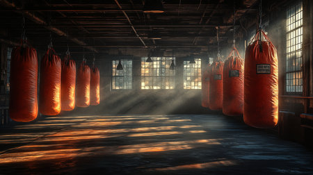 Brightly lit boxing gym featuring multiple orange punching bags in an industrial setting during early morning hours. Generative AIの素材