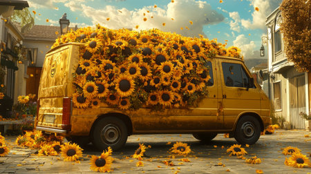 Creative flower delivery van adorned with vibrant sunflowers in sunny town squareの素材