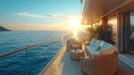 Luxurious oceanfront terrace at sunset featuring elegant seating and breathtaking views of the calm sea and horizon. Generative AIの素材