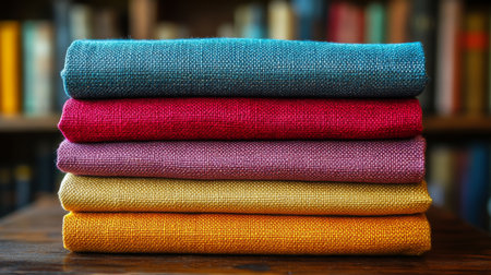 Stacked colorful linen fabric rolls in a cozy library with books in the background. Generative AIの素材
