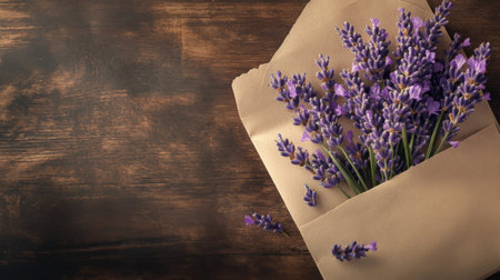 Delivery of fresh lavender bouquet wrapped in brown paper on wooden surfaceの素材