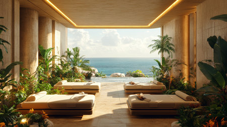 Relaxing spa retreat overlooking the ocean with cozy lounge beds surrounded by tropical plants in a tranquil setting. Generative AIの素材
