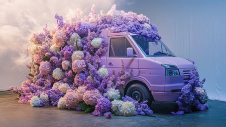 Flower-filled delivery van creates an enchanting floral spectacle indoorsの素材