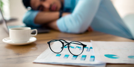 Exhausted Arab businessman sleeping on his office desk, tired of overworking, selective focus on documents and glassesの写真素材