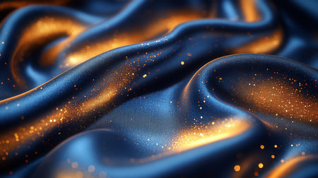 Lustrous blue fabric with golden highlights create an elegant texture in a softly lit setting full of depth and contrast. Generative AIの素材