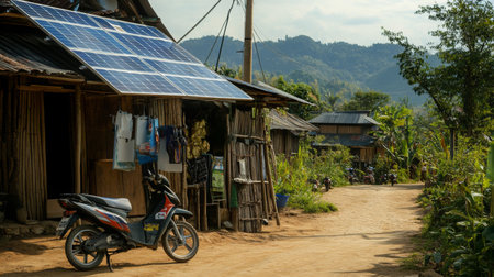 Rural village with solar panels and motorbikes amidst lush mountains in daytimeの素材