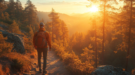 A hiker explores a serene forest trail at sunset surrounded by golden light and towering trees in the evening glow. Generative AIの素材