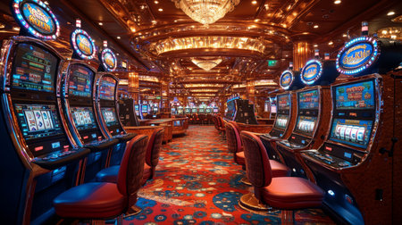 Luxurious casino interior featuring vibrant slot machines and dazzling decor in an entertainment complex at night. Generative AIの素材