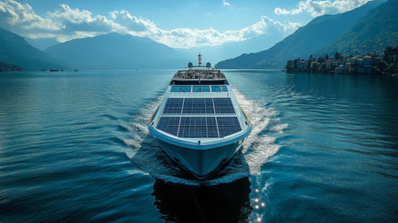 Solar-powered boat cruising through serene mountain lake waters on a sunny day with clear blue skies. Generative AIの素材