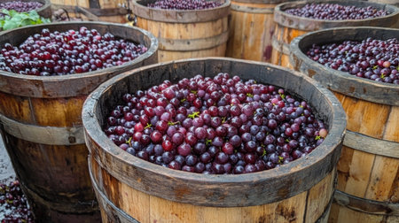 Harvesting ripe grapes in wooden barrels at a vineyard during the autumn seasonの素材
