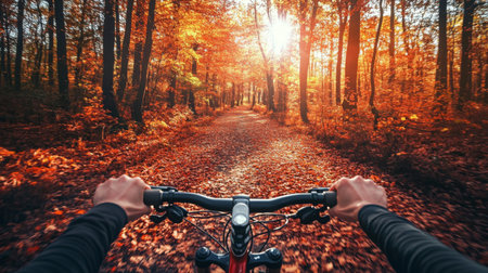 Enjoying a vibrant autumn bike ride through a tranquil forest trail at sunsetの素材