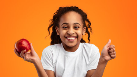 Portrait of a cheerful black girl holding red apple, panoramaの写真素材
