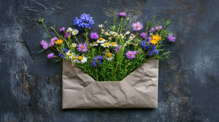 Unique flower delivery in kraft envelope showcasing seasonal blooms for a special occasionの素材