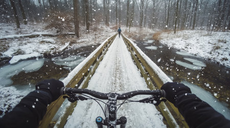 Riding a bike on a snow-covered bridge in a winter forest during a snowfallの素材