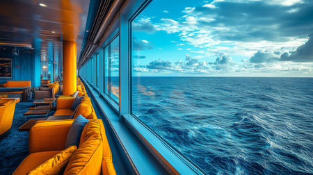 Cozy lounge with ocean view on a cruise ship during a bright sunny day. Generative AIの素材