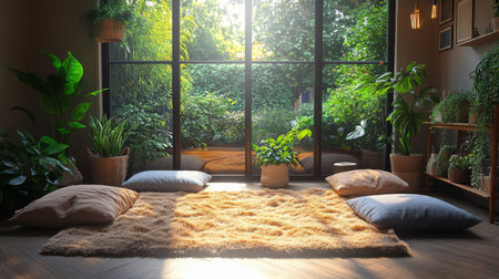Cozy indoor space with natural light, lush greenery, and soft cushions creating a serene atmosphere in the afternoon. Generative AIの素材