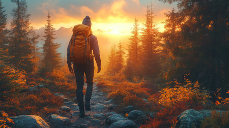 A hiker walks along a rocky path through a vibrant forest at sunset, surrounded by glowing trees and a colorful sky. Generative AIの素材