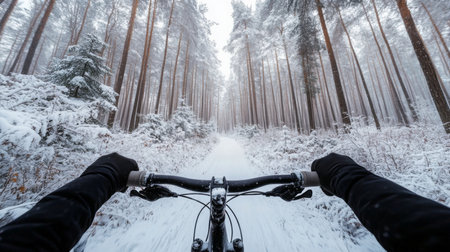 Riding a bike through a snowy forest trail during winterの素材