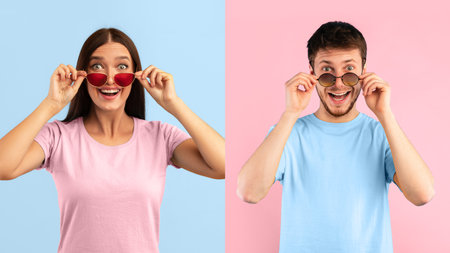 Surprised couple looking at camera taking off sunglasses