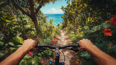 Enjoying a thrilling bike ride through lush trails with stunning ocean viewsの素材