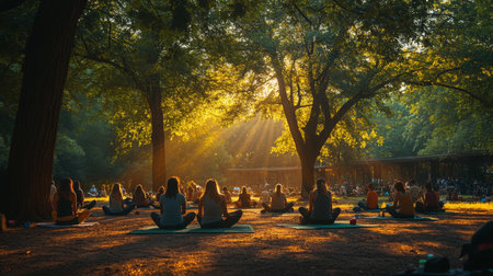 Sunlight filters through trees as a group practices yoga in a serene park setting, creating a peaceful atmosphere in nature. Generative AIの素材
