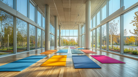 A serene yoga studio with colorful mats positioned in sunlight and surrounded by autumn scenery through large windows. Generative AIの素材