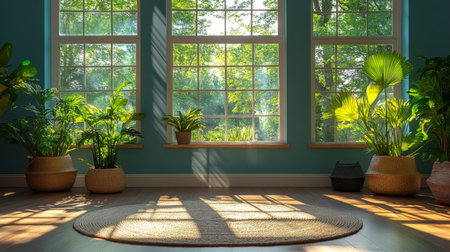 Bright and airy indoor garden with lush plants and sunlight streaming through large windows in a serene living space. Generative AIの素材