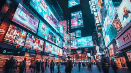 People walk through a busy city street at night, surrounded by bright digital billboardsの素材
