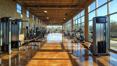 Bright and spacious gym interior with equipment and large windows showcasing a sunny outdoor view. Generative AIの素材