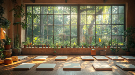 A serene meditation space with cushions and large windows overlooking a lush garden during morning light. Generative AIの素材