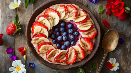Colorful fruit dessert with strawberries, bananas, and blueberries on rustic wooden tableの素材