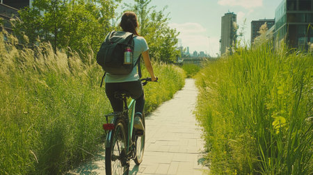 A cyclist enjoys a sunny day while riding along a green urban pathway in the city skylineの素材