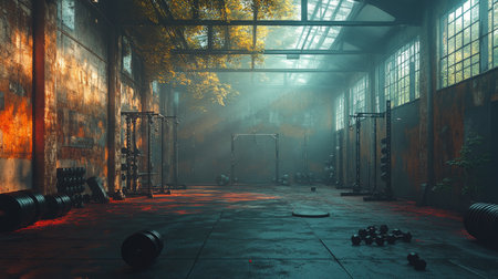 A serene and abandoned gym bathed in sunlight with weights scattered around, showcasing natures encroachment in the quiet space. Generative AIの素材
