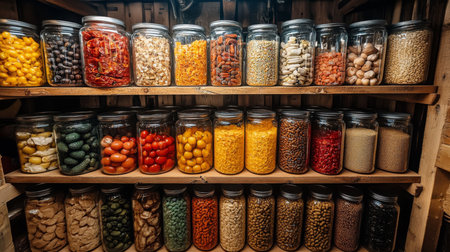 Colorful collection of preserved foods in jars on wooden shelves in a rustic storage area. Generative AIの素材