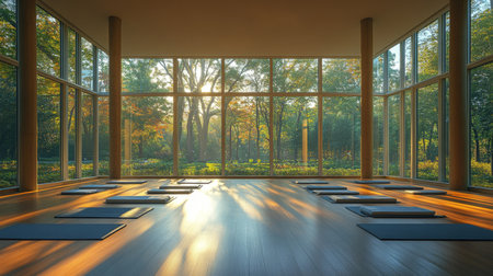 A tranquil yoga studio bathed in golden sunlight surrounded by lush greenery during a serene morning session. Generative AIの素材