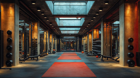 Modern gym interior featuring red workout mats and industrial design with ample natural light streaming through skylights. Generative AIの素材