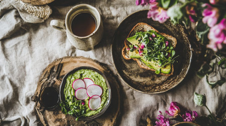 Freshly prepared avocado toast and green spread served with herbal tea amidst floral decorの素材