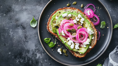 Delicious avocado toast topped with pickled onions and seeds on a black plateの素材