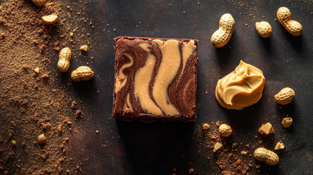 Delicious peanut butter swirl brownie surrounded by crushed peanuts on a dark backgroundの素材