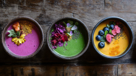 Three colorful smoothie bowls are arranged on a wooden tableの素材