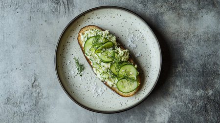 Fresh cucumber and herb spread on toasted bread served on a rustic plateの素材