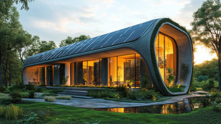 Modern eco-friendly house with solar panels nestled among trees in a serene landscape during sunset. Generative AIの素材