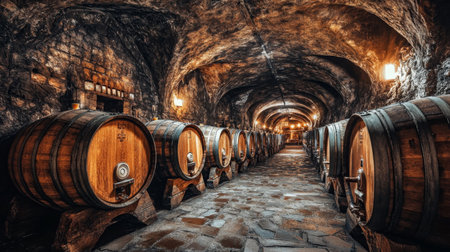 Exploring a historic wine cellar filled with wooden barrels in a natural stone settingの素材