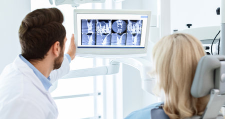 Dentist having conversation with female patient, poitning at LED display
