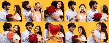 Diverse couple celebrating love with flowers and affection on Valentines Day